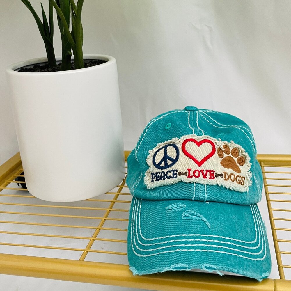 BRAND NEW, Never Worn Distressed Peace, Love and Dogs Turqouise Adjustable Hat!